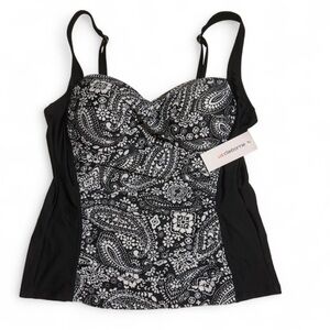 NWT Liz Claiborne Black & White Paisley Swim Tankini Top - Size 14 - Molded Cups
